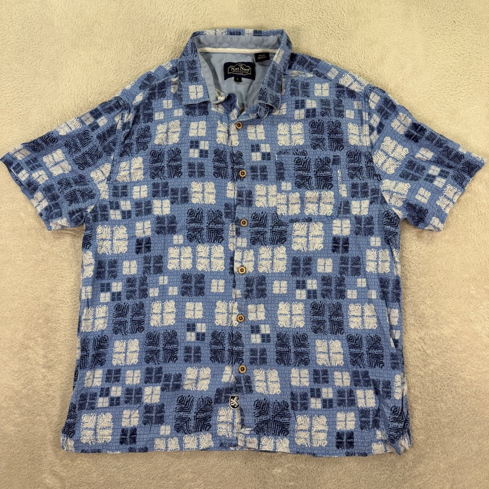 Nat Nast Mens Large Button Up Shirt Blue Silk Cotton Geometric Camp Resort